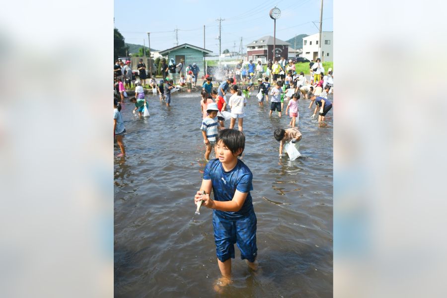 水しぶき上げ奮闘 4年ぶりのマスつかみ取り 800匹追い掛け、塩焼き